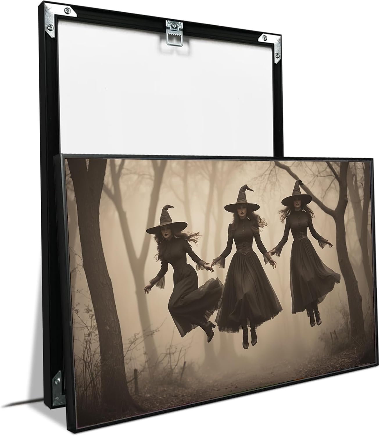 JFHCQJPK Three ghost witches flying in vintage forest gothic wall art witchcraft decoration holiday gift canvas wall art print12x16in Metal blackFramed