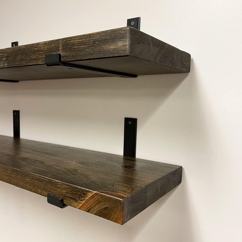 Rustic Shelves with J-Brackets Set of 2, Industrial Shelf, Kitchen Shelves, Solid Wood, Decorative Wall Storage, Heavy Duty, URBANDI (Dark Brown, 36Wx8D)