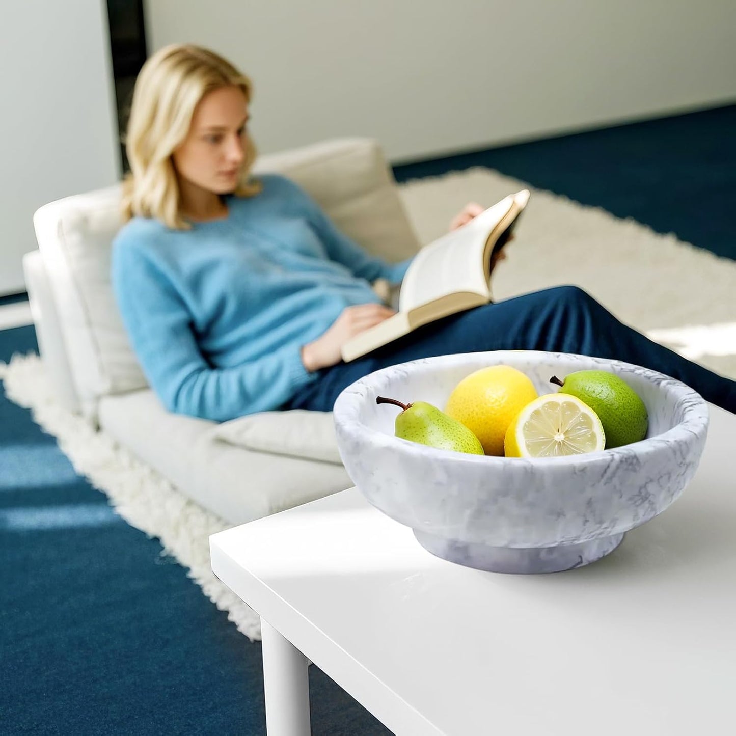 Natural White Marble Bowl with Grey Veins Large Decorative Bowl for Home Decor，Entryway, Fruit Display, Key Holder, Centerpiece (10.2" Diameter)