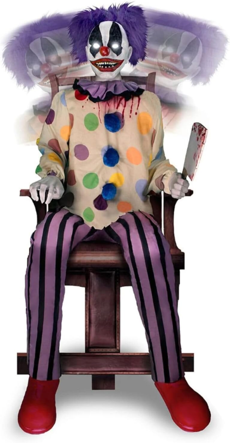 Haunted Hill Farm Motion-Activated Thrashing Clown with a Meat Cleaver by Tekky, Sitting Halloween Animatronic for Indoor or Covered Outdoor Creepy Halloween Decorations, Plug-in or Battery Operated