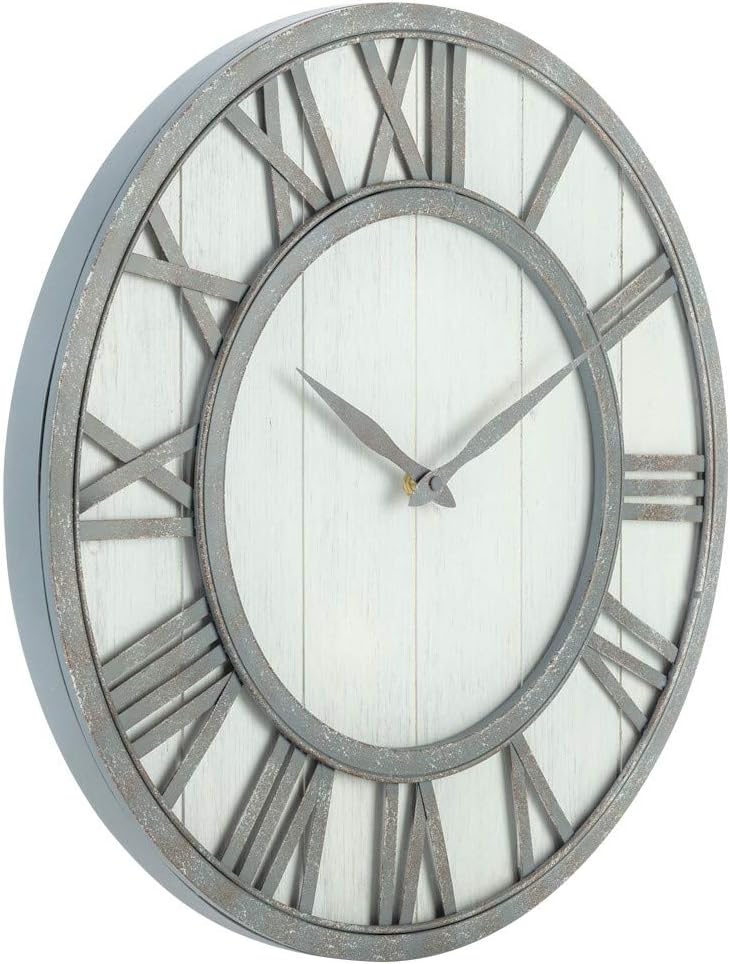 Oldtown Farmhouse Metal & Solid Wood Noiseless Wall Clock (Whitewash, 18-inch)
