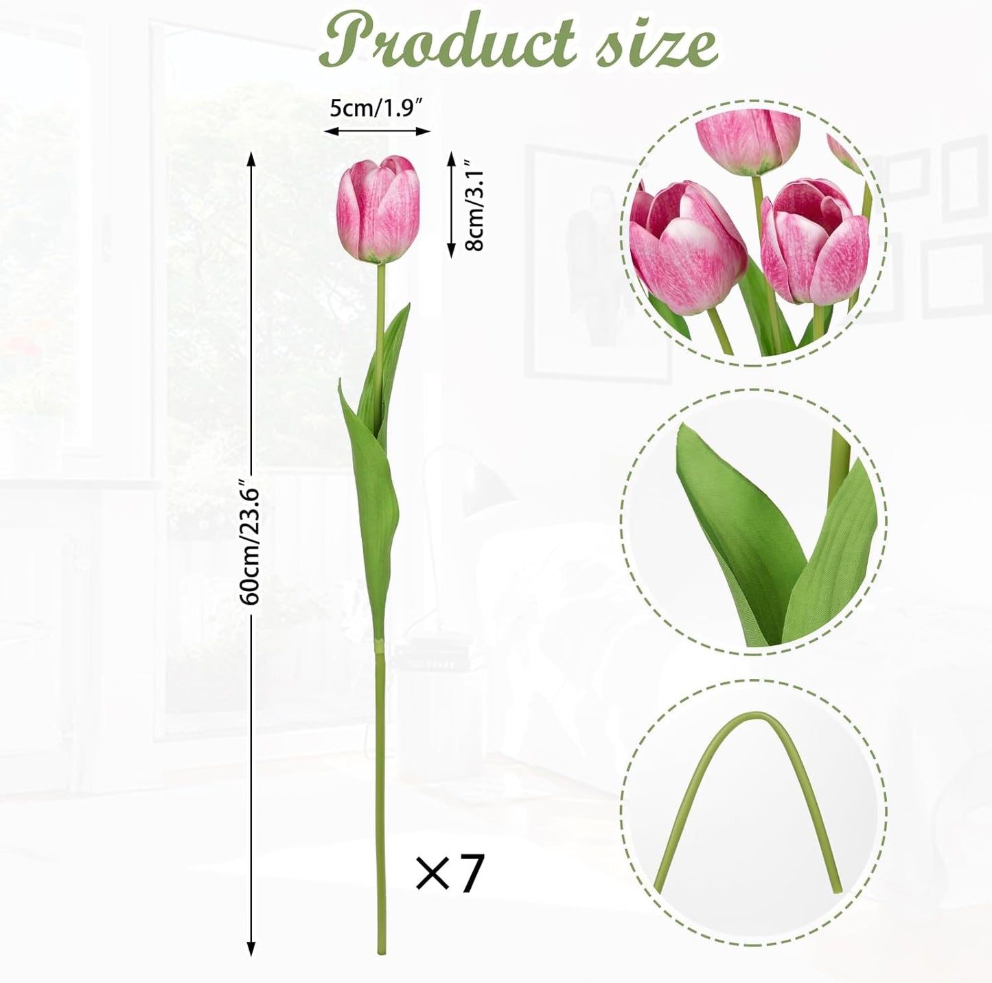 Artificial Tulips Flowers – 24" Long Stem Faux Tulips, 7PCS Real Touch Fake Pink Tulip for Vase, Farmhouse, Kitchen, Spring & Wedding Home Decor