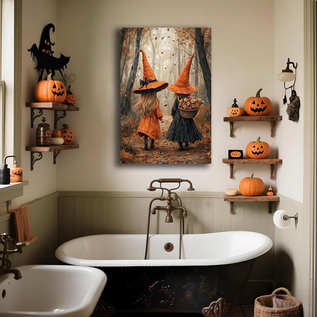 Fall Wall Art Witch Picture Decor,Little Girl Witch Halloween Wall Art, Vintage Autumn Whimsical Woodland Forest Picture, Family Room Nursery Playroom Children Room Decoration,16"x24" Unframed