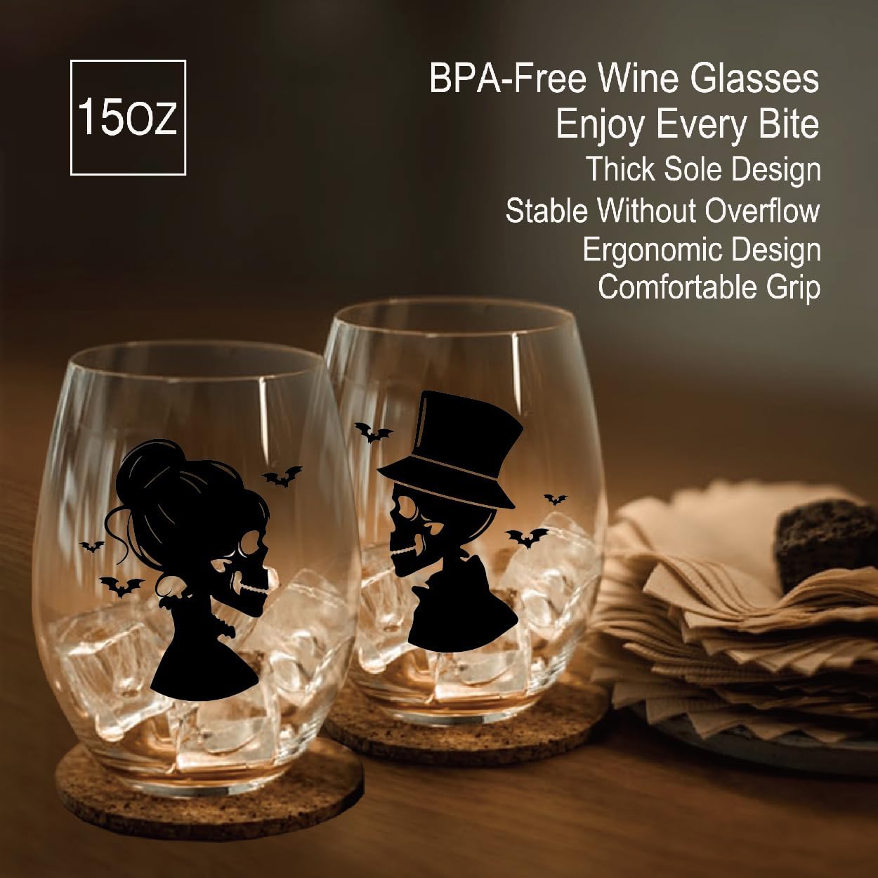 Perfectinsoy Skull Wine Glass 2 Piece with Gift Box, Zombie Design, Valentine's Day Autumn Halloween, Anniversary Wedding Gifts, Couple Gifts for Boyfriend and Girlfriend. (Skull Set of 2)