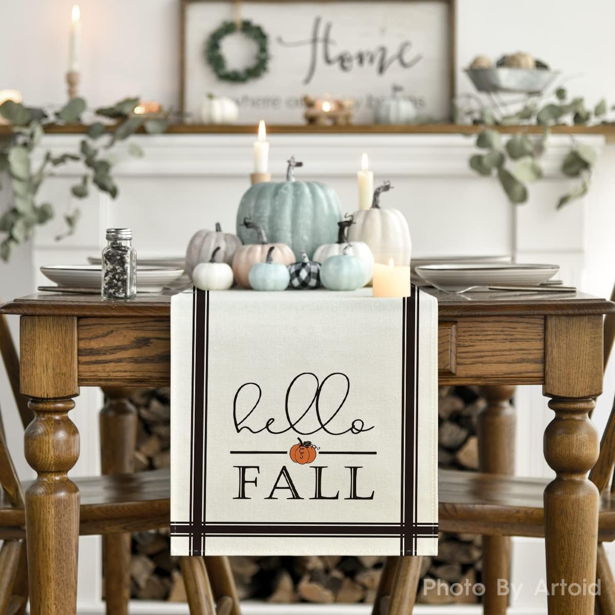 Artoid Mode Hello Fall Pumpkin Table Runner, Seasonal Harvest Vintage Thanksgiving Kitchen Dining Table Decoration for Indoor Outdoor Home Party Decor 13 x 36 Inch