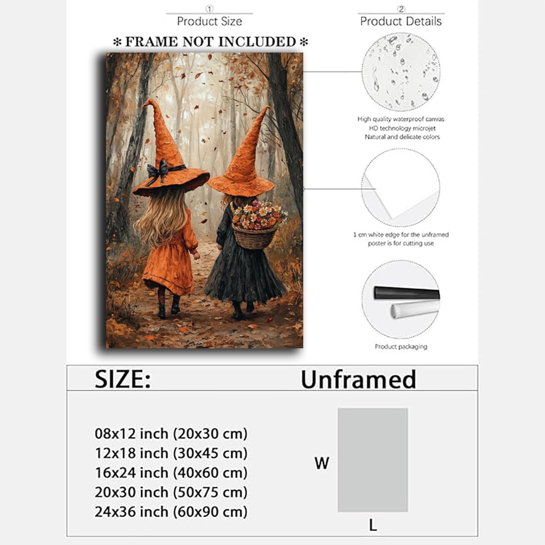 Fall Wall Art Witch Picture Decor,Little Girl Witch Halloween Wall Art, Vintage Autumn Whimsical Woodland Forest Picture, Family Room Nursery Playroom Children Room Decoration,20"x30" Unframed