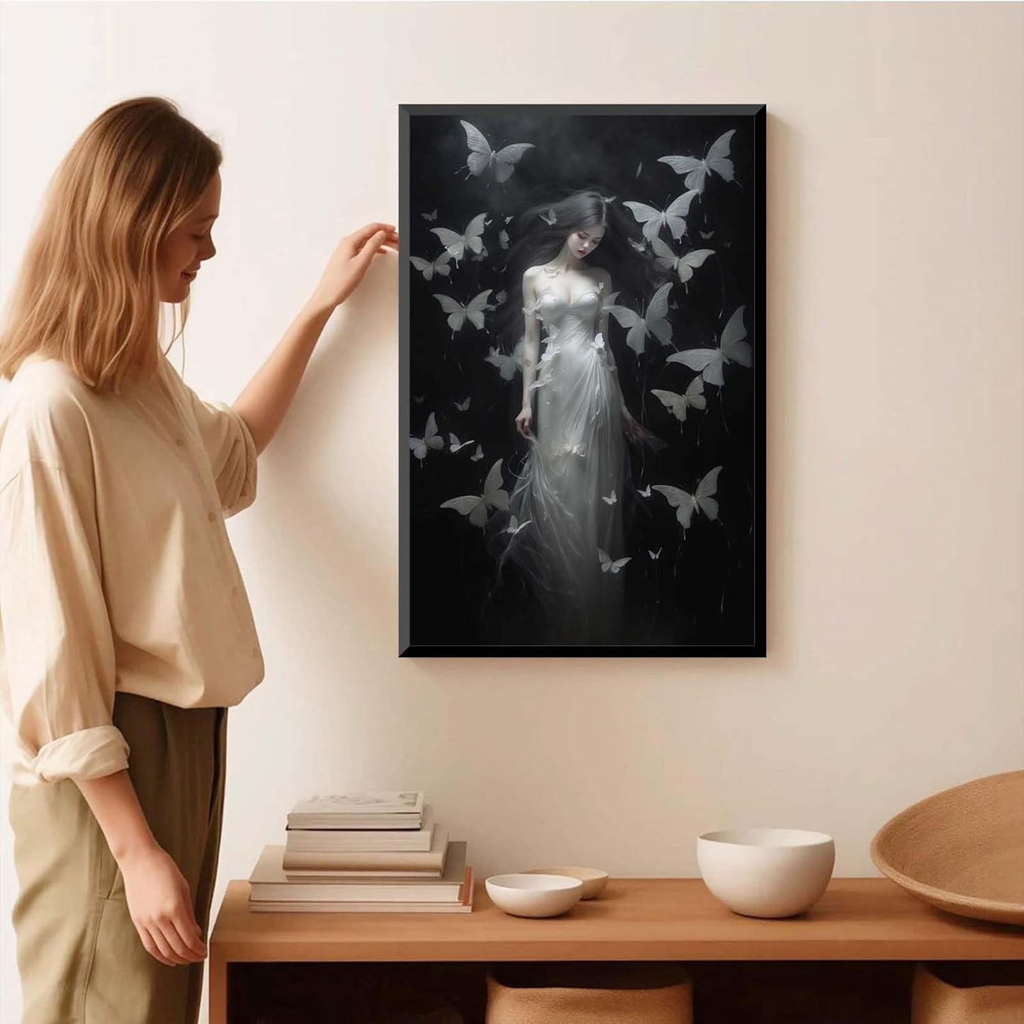 JFHCQJPK Vintage Gothic Feminine Canvas Wall Art Print Butterfly Poster Moody Female Wall Art Retro Artwork Dark College Decor for Home Bedroom20x30in Metal blackFramed