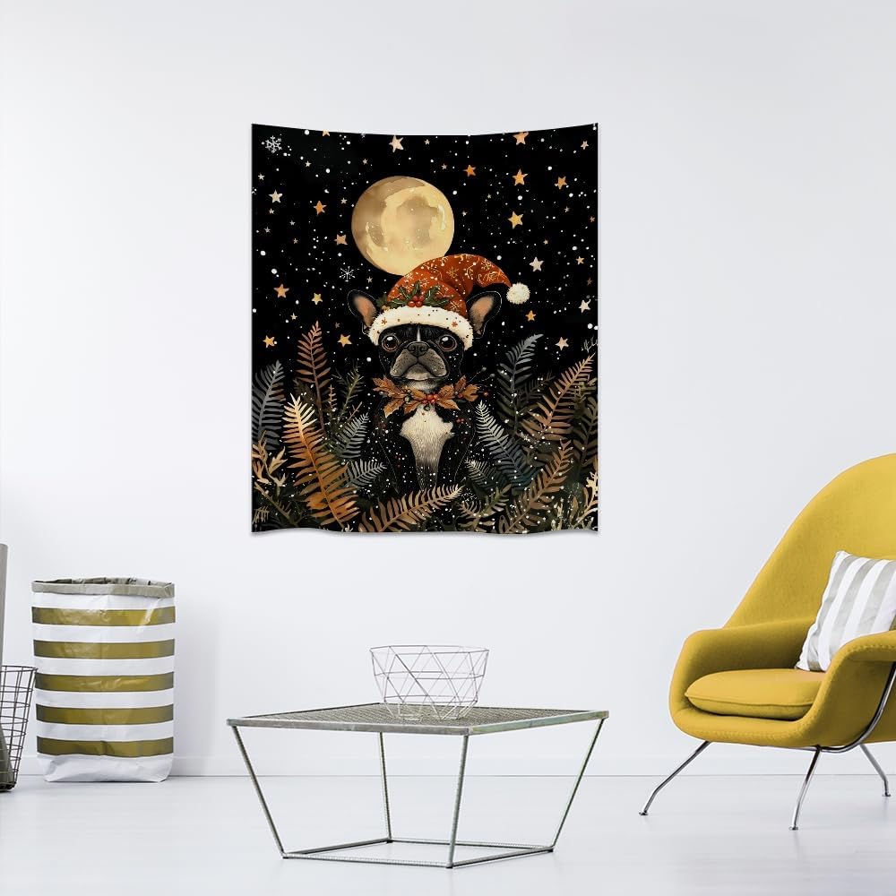 French Bulldog Christmas Tapestry Wall Hanging Cute Dog Santa Hat Moon Pictures Print Pet Lover Gift Funny Christmas Tapestries Aesthetic for Winter Home Nursery Kids Bedroom Decor 40x60inch