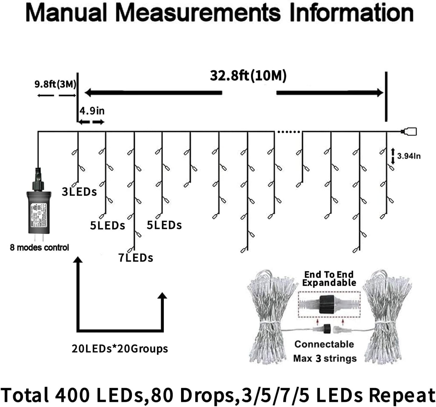 YEGUO 33ft 400 LED Icicle Lights Outdoor, 80 Drops Icicle Christmas Light Connectable, 8 Modes Warm White Xmas Icicle Lights with Timer Indoor