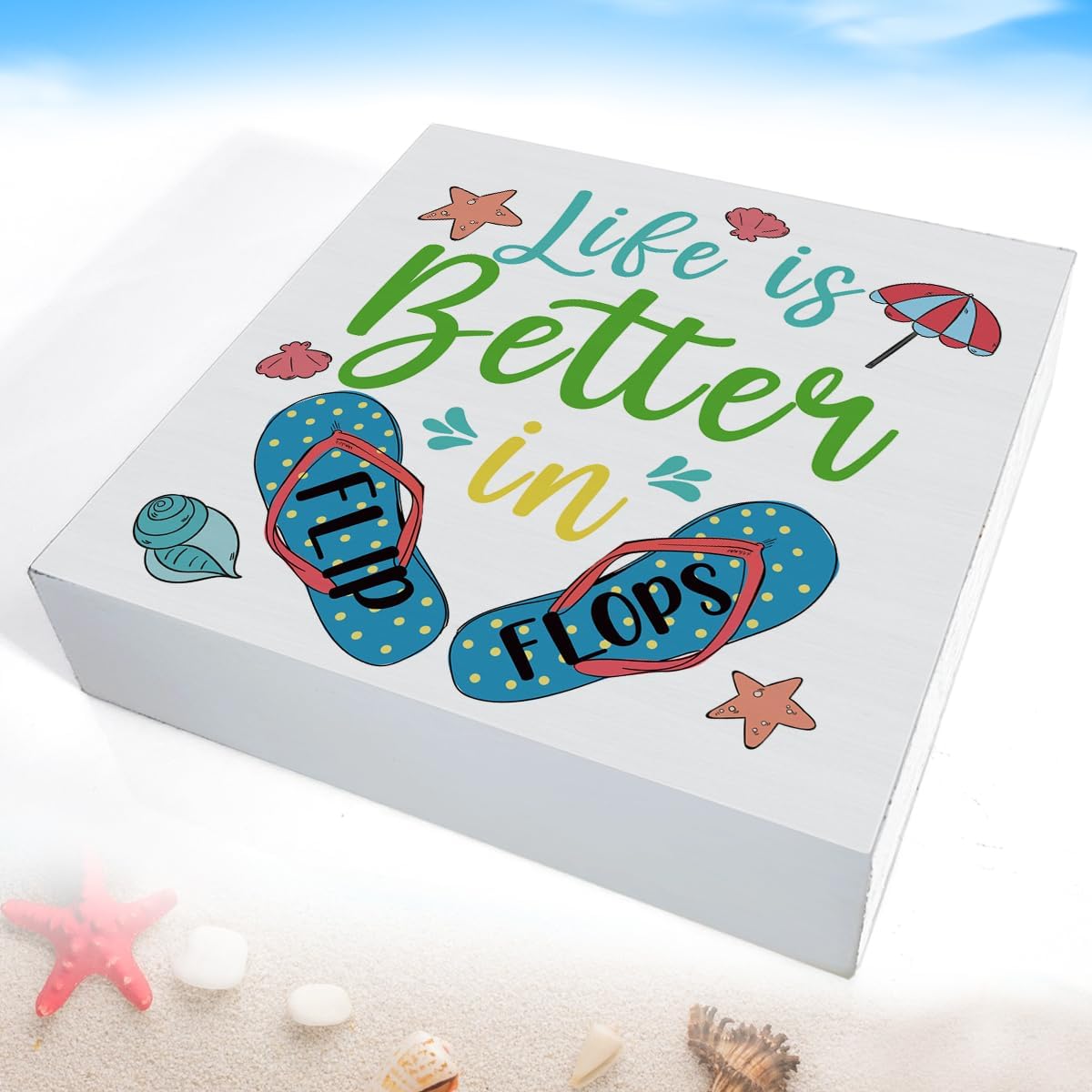 Summer Decor Beach Decorations Flip Flop Wooden Sign Rustic Home Decor 5 x 5 Inches