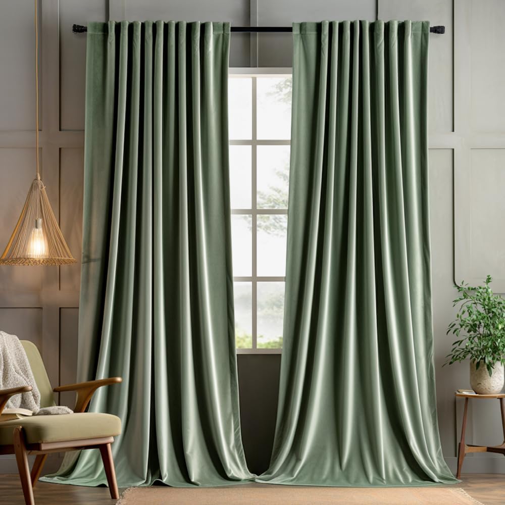 MIULEE Sage Green Polyester Curtains 96 inches 2 Panels - Pinch Pleated Luxury Room Darkening Window Drapes for Bedroom Living Room Blackout Thermal Insulated Super Soft, Back Tab Rod Pocket W52 x L96