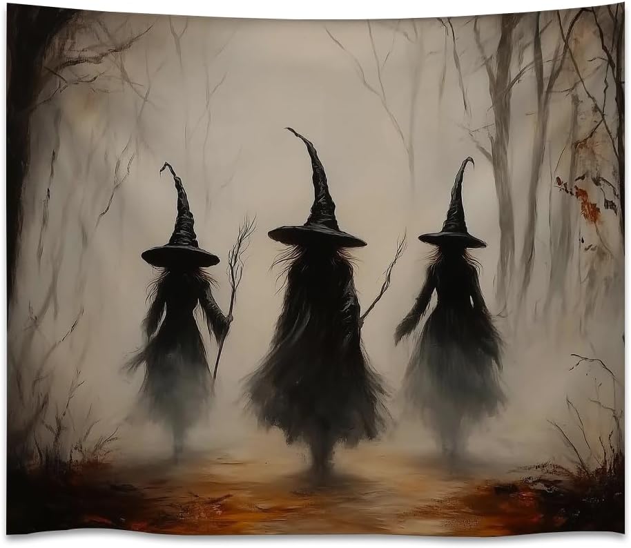 Witchy Halloween Tapestry Wall Hanging Vintage Spooky Witch Room Print Dark Academia Autumn Forest Three Witches Tapestries Decor for Halloween Living Room Bedroom Decoration 60x80inch
