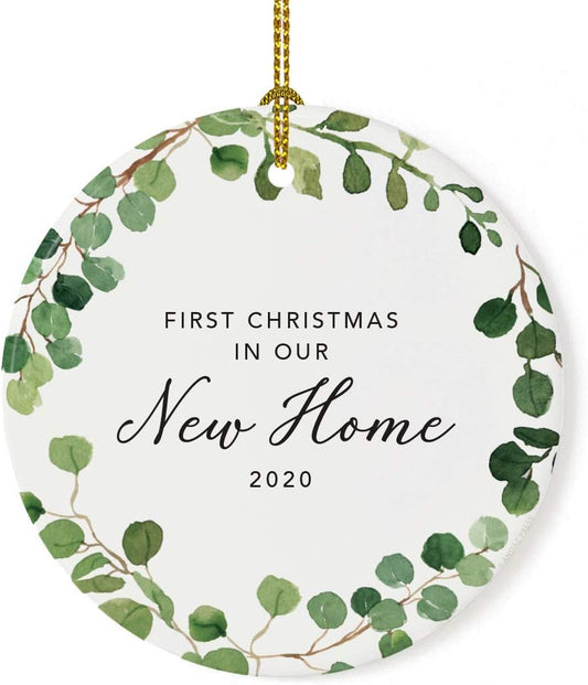 Andaz Press Custom Year Round Ceramic Porcelain Christmas Tree Ornament Keepsake Collectible Gift, First Christmas in Our New Home 2025, Woodland Wreath Deer, 1-PackHousewarming Gift Ideas