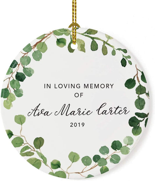 Andaz Press Personalized Round Ceramic Porcelain Christmas Tree Keepsake Gift, in Loving Memory of Ava Marie Carter, Farmhouse Eucalyptus Wreath, 1-Pack, Custom Memorial Bereavement Gift Ideas