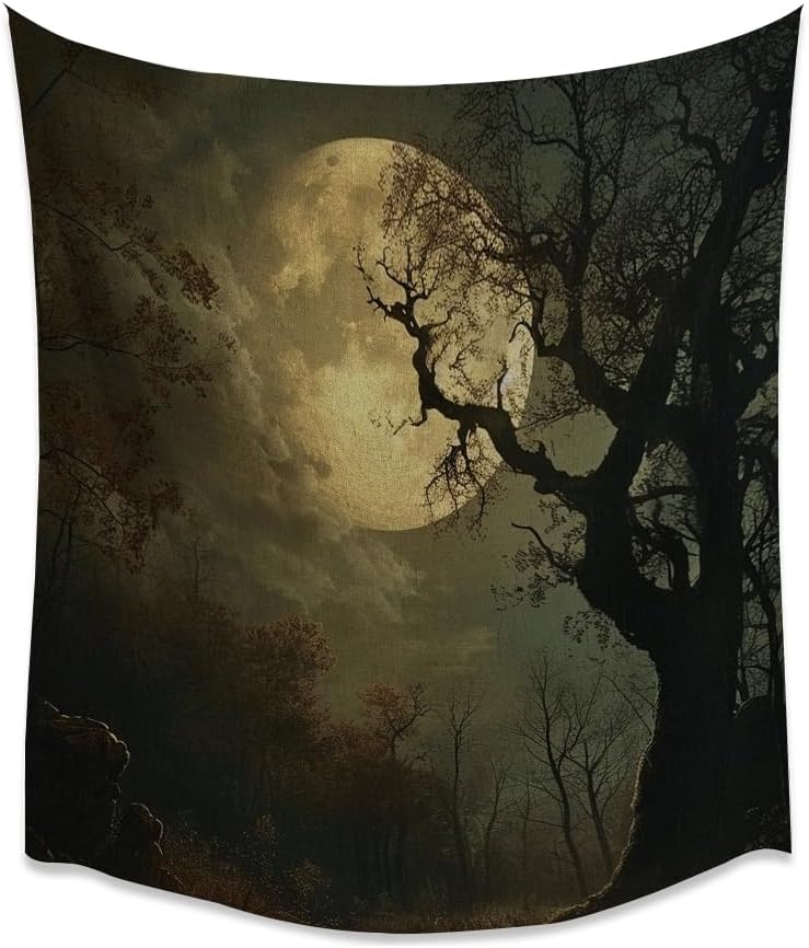 Moon Tapestry Halloween wall Decor Vintage Dark Academia Bedroom Tapestries Retro Art Aesthetic Wall Tapestry for Bedroom Dorm Living Room white
