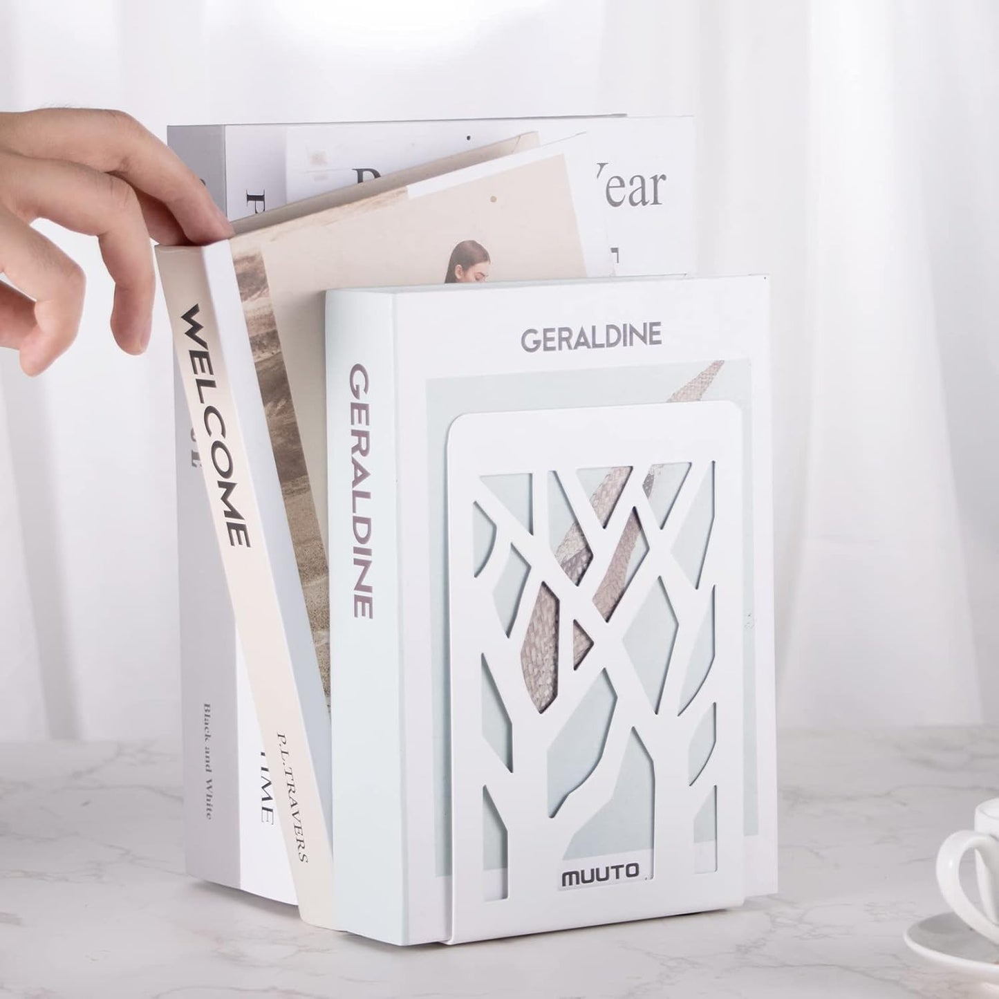 Book Ends, Bookends, Bookends for Shelves, Bookend, Book Ends for Heavy Books, White Metal Book Shelf Holder Home Decorative, Book Stoppers for Shelves, Bookend Supports 3 Pair