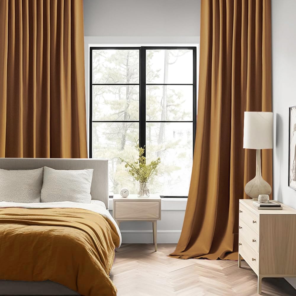 MIULEE Golden Brown Back Tab Blackout Curtains 108 Inch Long 2 Panels Set for Bedroom, Rod Pocket/Pinch Pleat Extra Long Thermal Insulated Living Room Darkening Pleated Light Blocking Drapes