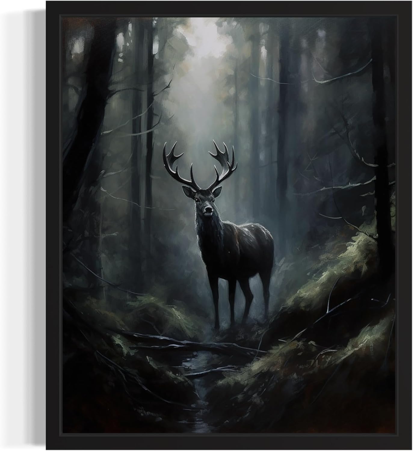 Deer in Forest Poster Art Print, Halloween Scary Vintage Wall Art Academia Spooky Painting Decoration for Horror Prints, Gothic Posters Bedroom Decor 89 (Deer in Forest, 11 x 14 inches, Black Frame)