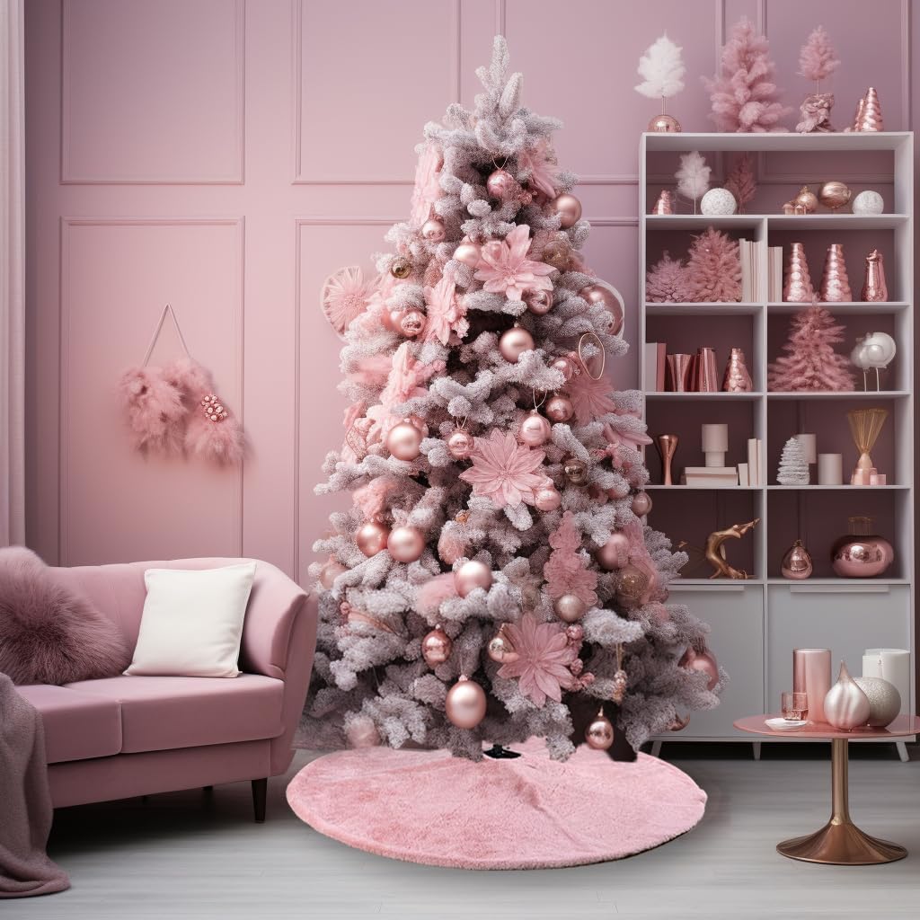 AOGU 36 Inch Faux Fur Christmas Tree Skirt Pink Shiny Plush Skirt for Merry Christmas Party Christmas Tree Decoration