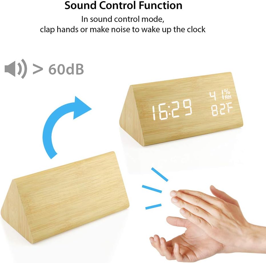 OCT17 Wooden Alarm Clock, Wood Alarm Clock Smart LED Digital Clock for Bedroom/desks, Upgraded with Time Temperature, Adjustable Brightness and Voice Control, Humidity Displaying - Bamboo