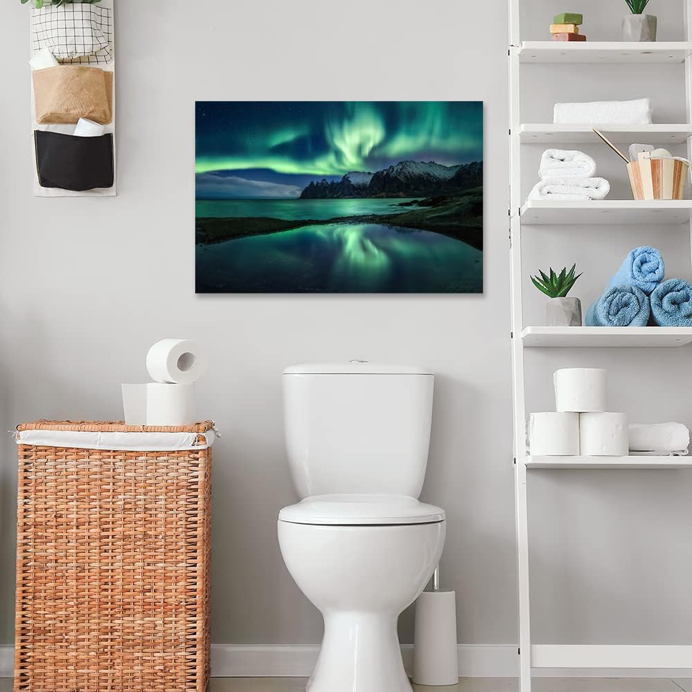Aurora Borealis Wall Art Painting for Office Bedroom Scenery Landscape Canvas Print Framed Picture Northern Lights Poster Artwork Ready to Hang(16.00"x24.00")