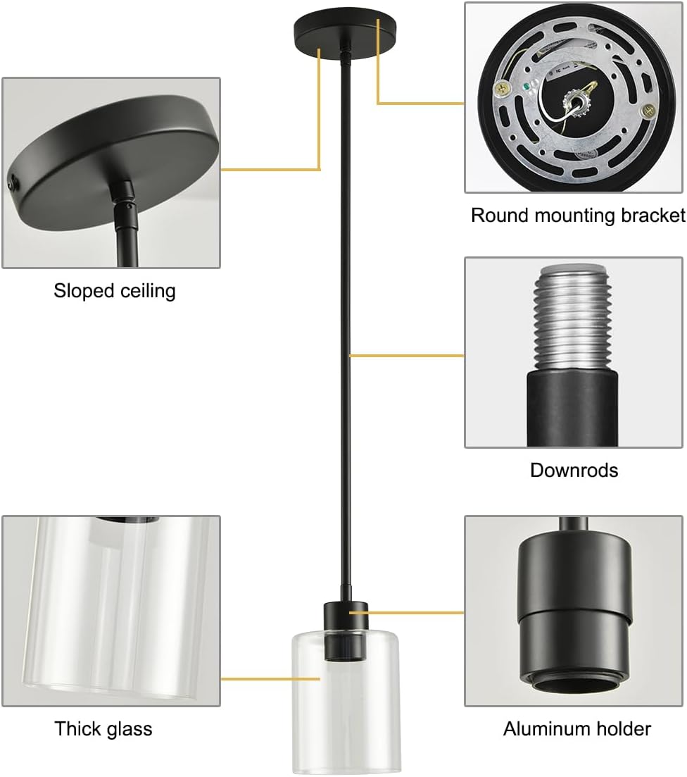 Black Pendant Lights Kitchen Island,Modern Farmhouse Glass Pendant Light,Light Fixture Kitchen Pendant Mini Hanging Light Fixture for Sink (Black 2 Pack Stem Rod)