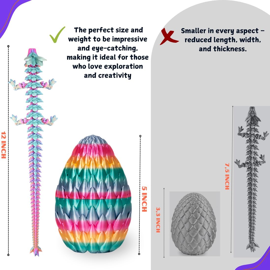 3D Printed 12” Articulated Crystal Dragon Inside 5.1” Egg – Fantasy Collectible, Fidget Toy & Stocking Easter Basket Stuffers for Home & Office Decor (Rainbow)