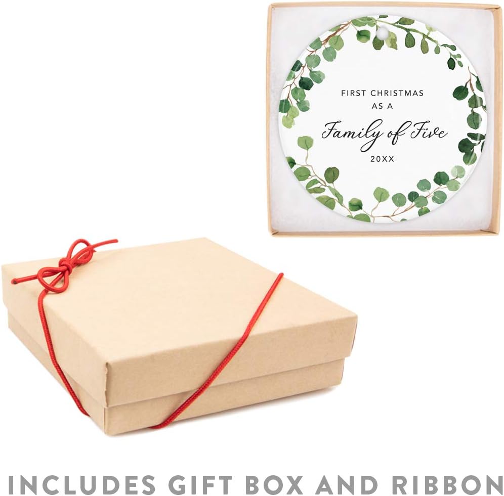 Andaz Press Custom Year Round Ceramic Porcelain Christmas Tree Ornament Keepsake Collectible Gift, First Christmas as a Family of Five 2025, Farmhouse Eucalyptus Wreath, 1-PackNew