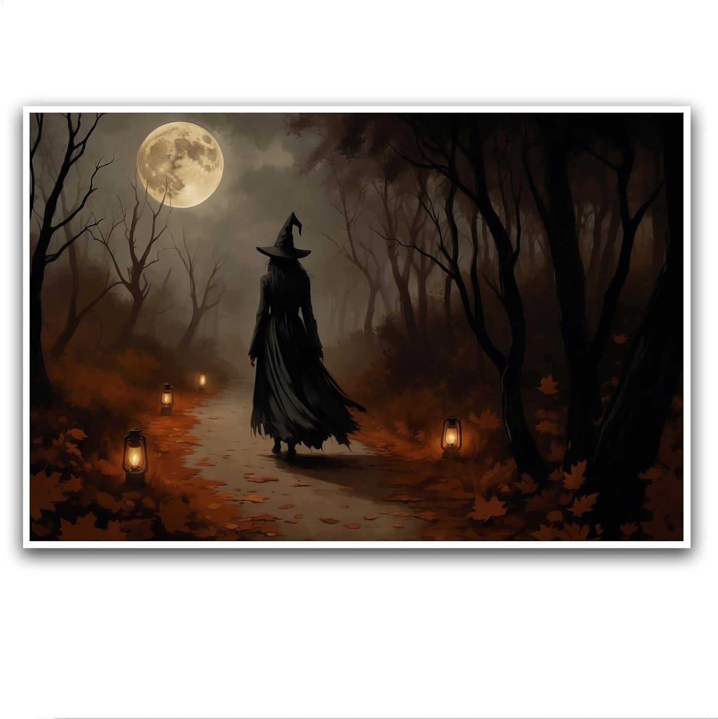 JFHCQJPK Moonlight witch poster dim lantern Halloween decoration Gothic style dark retro college style canvas wall art suitable for living room bedroom20x30in Frameless