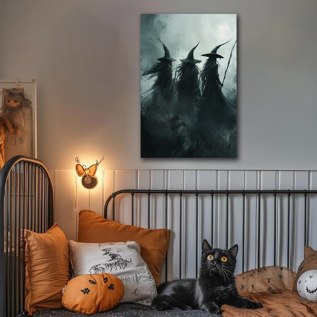 Gothic Witchs Horror Halloween Wall Art,Three Witches in Moody Forest Painting Wall Decor,Autumn Spooky Witches Forest Canvas Printing For Gallery Living Room Bedroom,20"x30" Framed