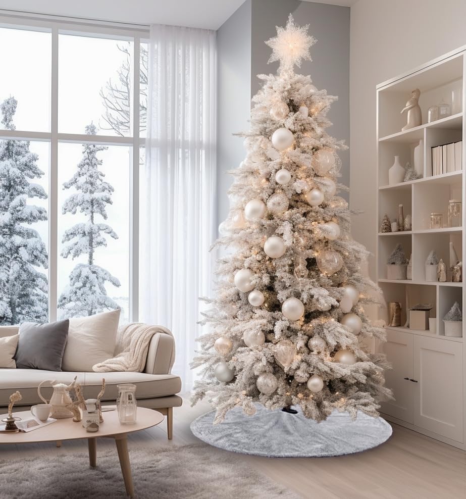 AISENO 48 Inch Christmas Tree Skirt Faux Fur Grey Bright Silk Shiny Decoration for Christmas Tree Plush Merry Christmas Decorations Decor