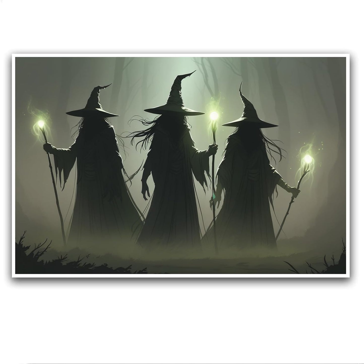 JFHCQJPK Vintage 3 witches canvas wall decor melancholy dark Halloween poster wall decor holding a staff print Gothic horror Halloween painting print for living room bedroom24x36in Frameless