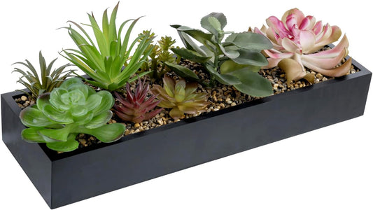 MyGift Artificial Assorted Succulent Arrangement in Rectangular Black Wood Planter Box, Fake Plant Decor