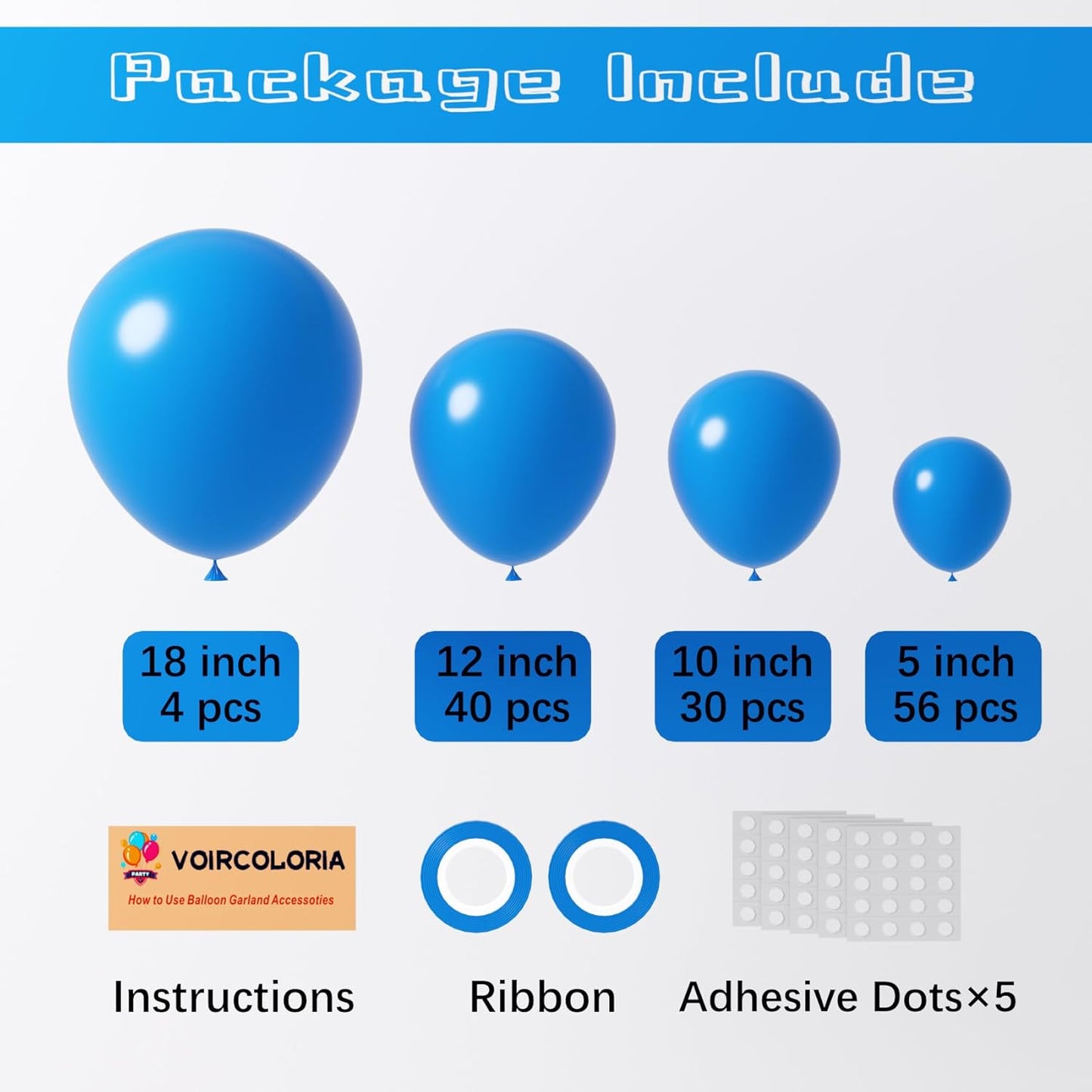 130pcs Blue Balloons Different Sizes 18" 12" 10" 5" Matte Blue Latex Balloon Garland Arch Kit for Birthday Baby Shower Graduation Wedding Gender Reveal Anniversary Party Decorations