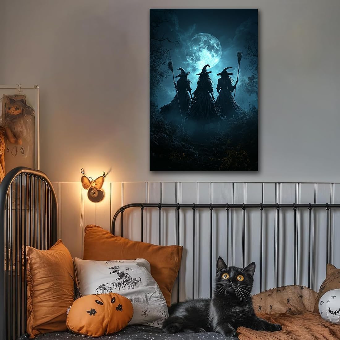Moonlight Witches Halloween Canvas Art Picture,Three Witches on Broom in Forest Painting Print Gothic Decor,Halloween Witch Poster Witchy Room Aesthetic Bedroom Home Decorations,20"x30" Framed