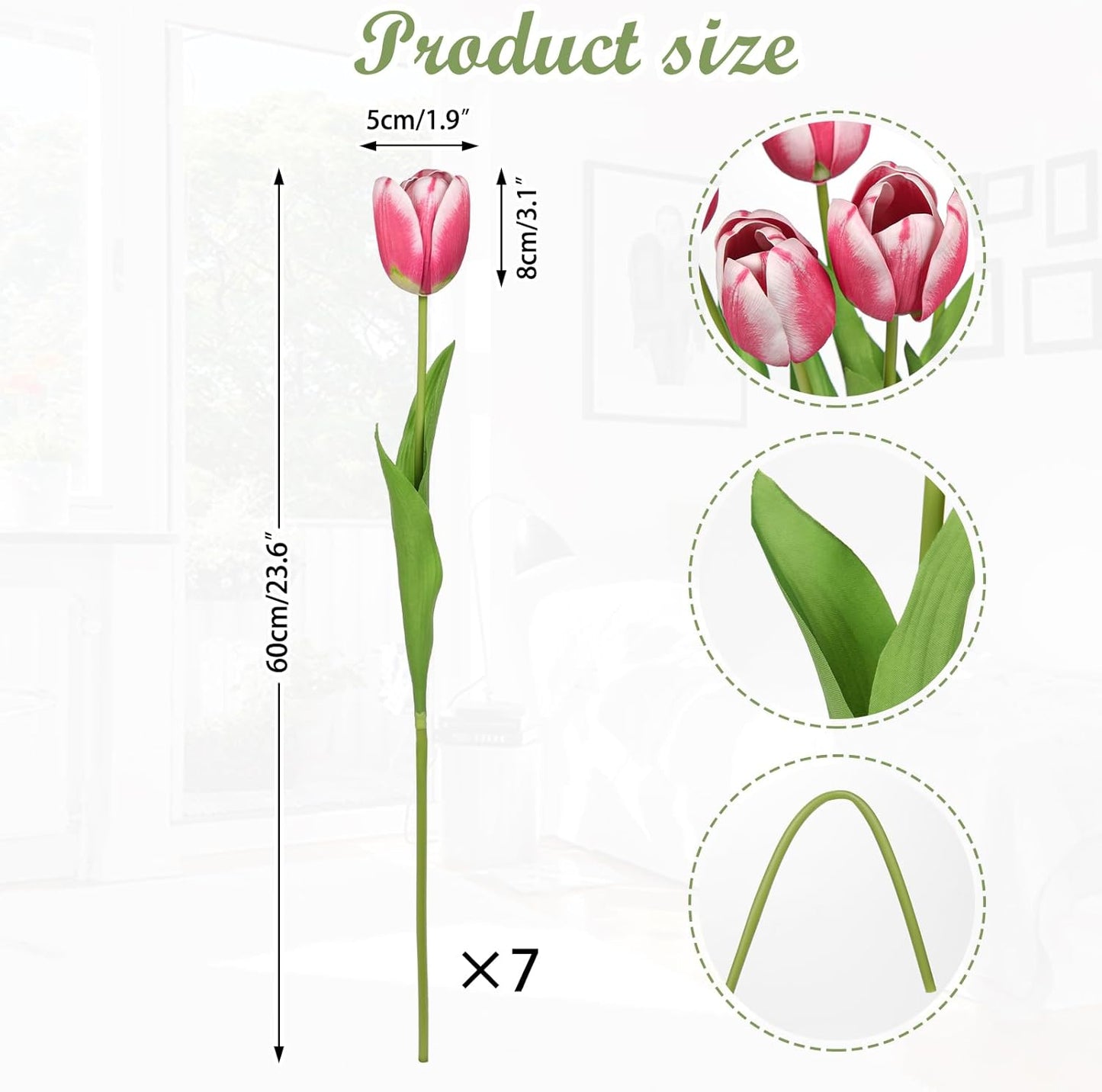 Artificial Tulips Flowers – 24" Long Stem Faux Tulips, 7PCS Real Touch Fake Red Tulip for Vase, Farmhouse, Kitchen, Spring & Wedding Home Decor