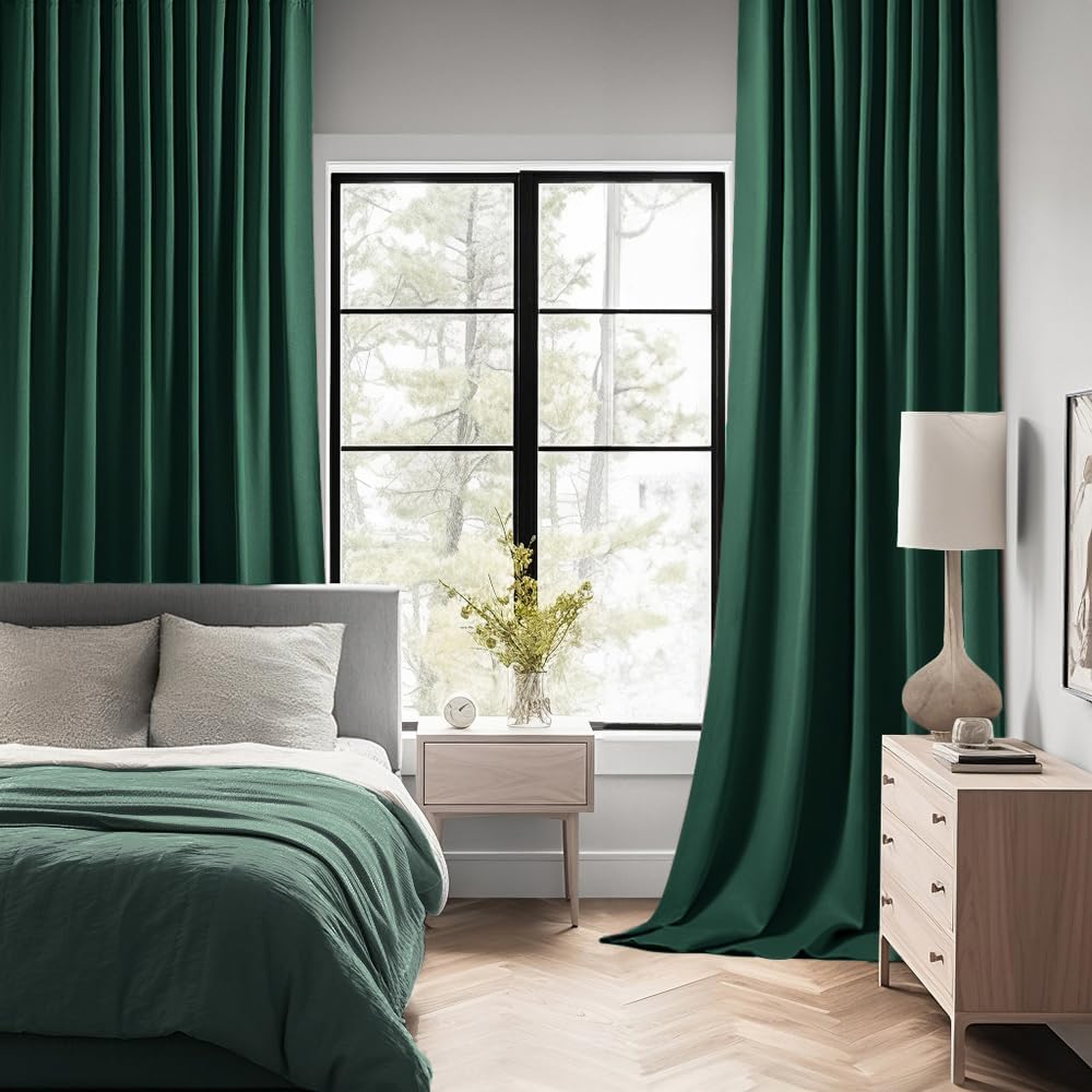 MIULEE Hunter Green Back Tab Blackout Curtains 108 Inch Long 2 Panels Set for Living Room Bedroom, Rod Pocket/Pinch Pleat Extra Long Thermal Insulated Room Darkening Pleated Window Drapes