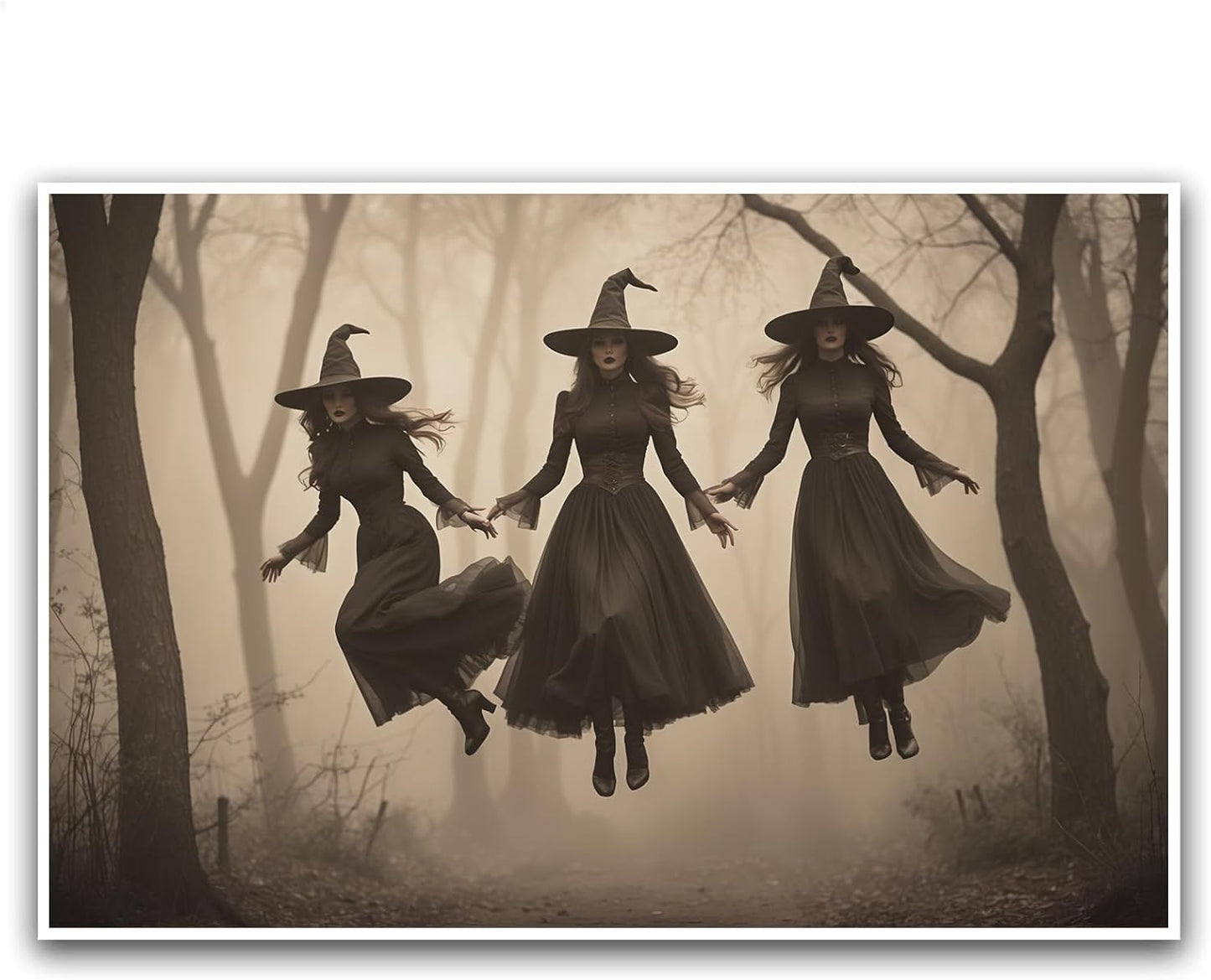 JFHCQJPK Three ghost witches flying in vintage forest gothic wall art witchcraft decoration holiday gift canvas wall art print12x16in Frameless