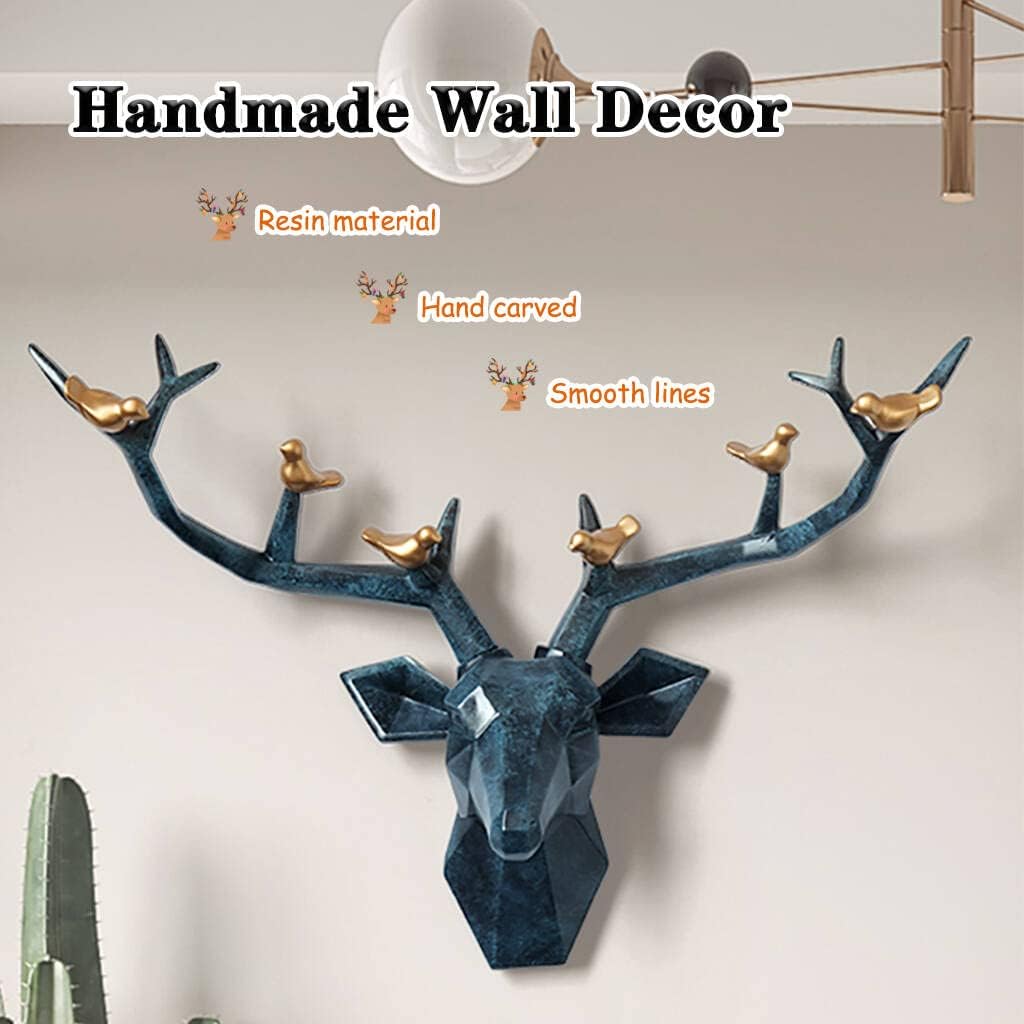 ZRAGEK Rustic Geometric Deer Head Wall Decor, Faux Taxidermy Animal Head Wall Art, Blue, 21.8x15.7IN