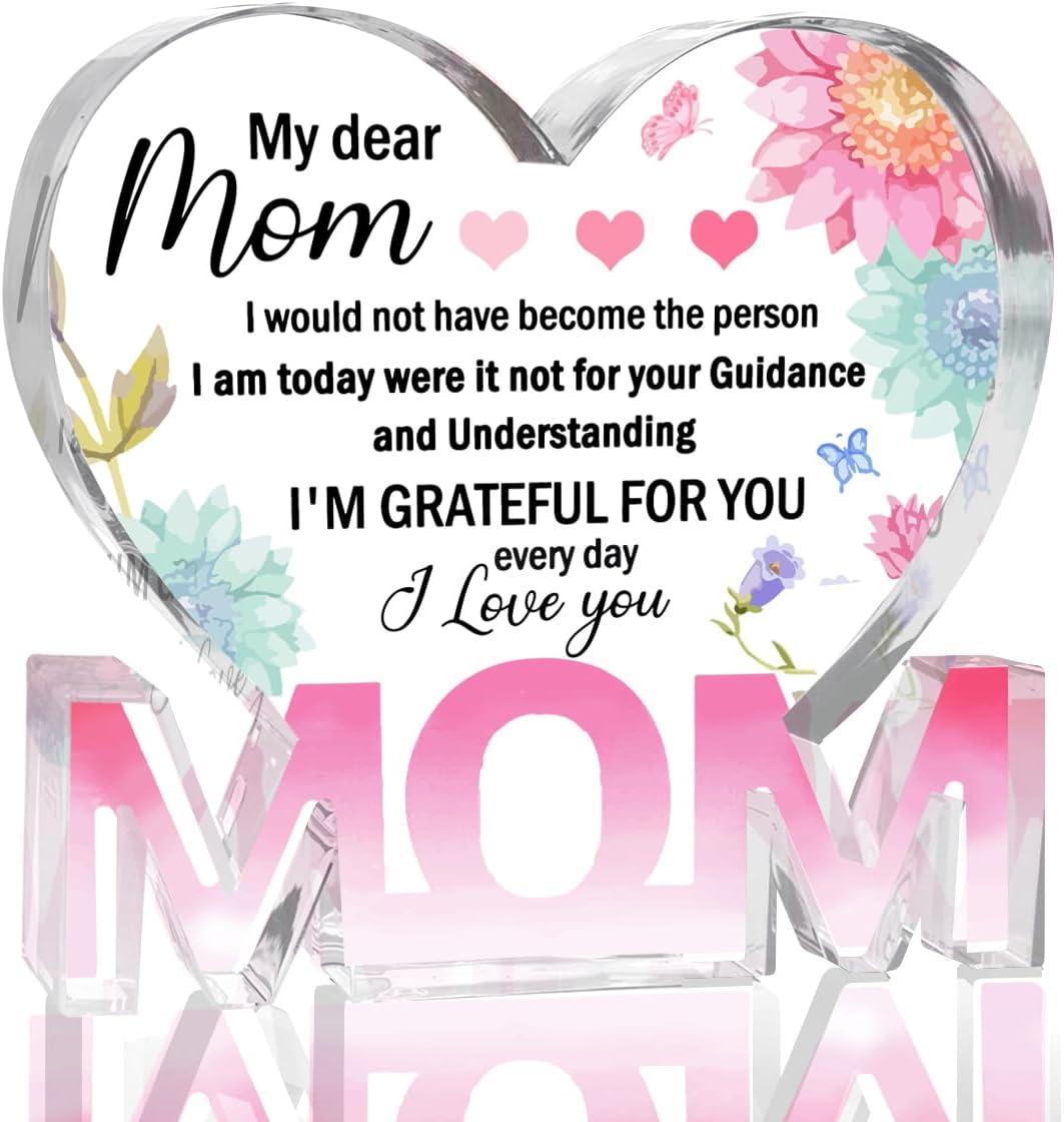 Mothers Day Gifts Best Mom Gifts -Gifts for Mom from Daughter Son - Best Mom Ever Gifts Unique Mother Birthday Acrylic Heart-Shaped Plaque Desk Decorations Present for Mom Christmas Anniversary