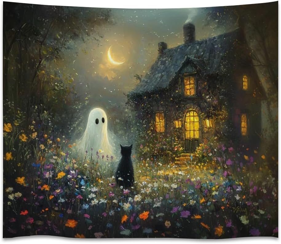 Halloween Black Cat and Ghost Tapestry Wall Hanging for Spooky Cute Bedroom Decor Dark Academia Moon Wildflower Cottage Tapestries Aesthetic for Home Living Room Decoration 70x90inch