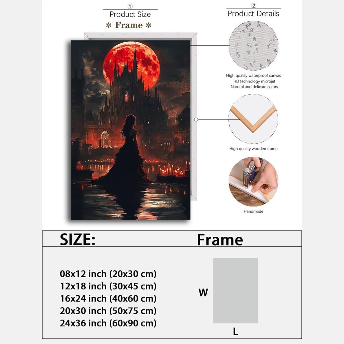 Halloween Witch Poster Canvas Prints Art Vintage Decor,Red Castle Blood Moon and Witch Scene Gothic Painting,Rustic Dark Academia Wall Art for Bathroom Spooky Living Room Wall Decor,20"x30" Framed