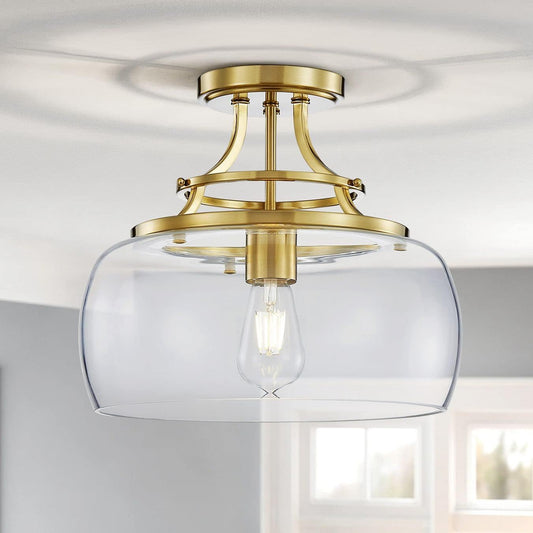 WUZUPS Chandelier Rustic Farmhouse Industrial Round Semi-flushmount Ceiling LED Light Fixture with Clear Glass Shades for Bathroom Kitchen Foyer Entryway, H 11.8" x W 13.4", E26 Base, Brushed Gold