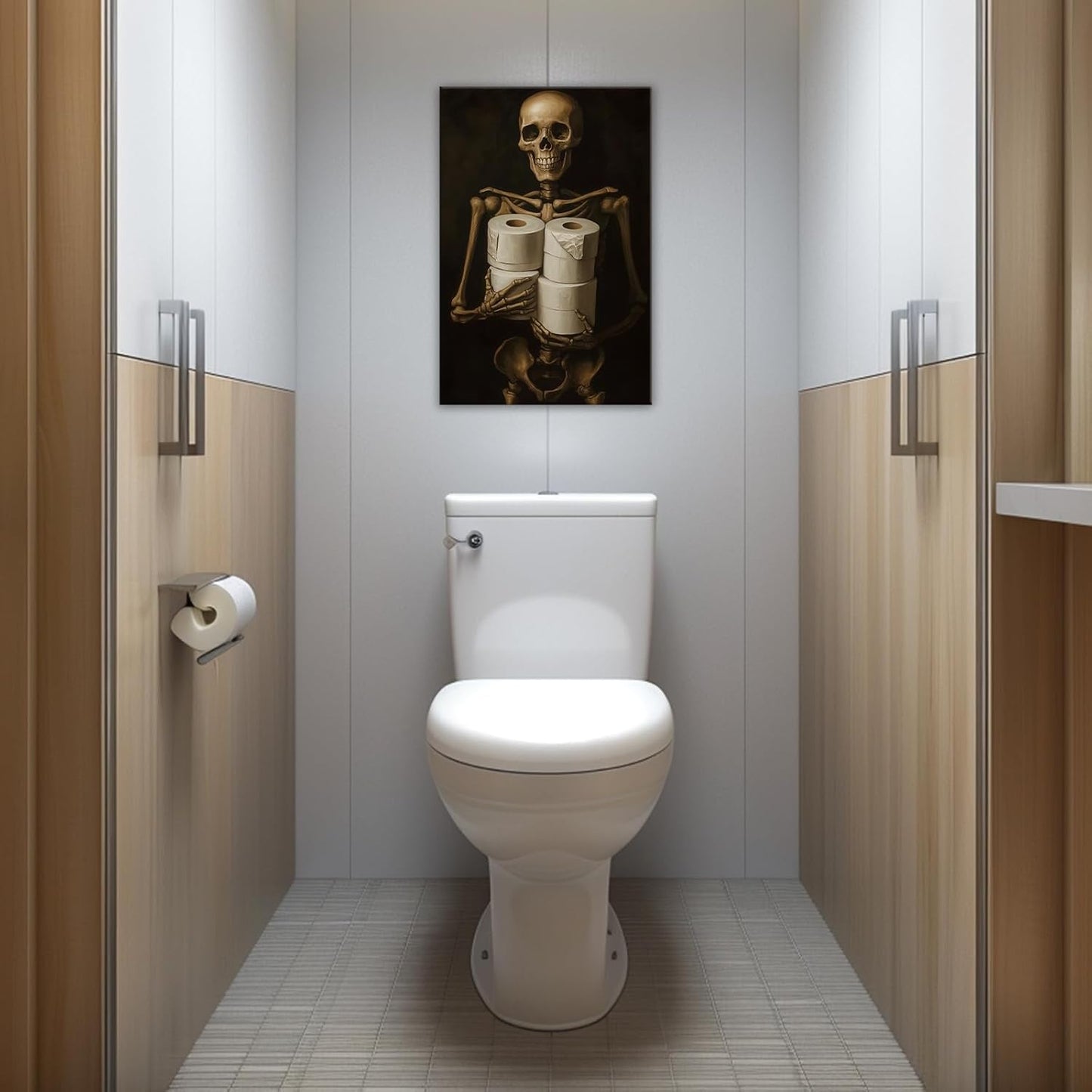 Gothic Skull Wall Art Funny Skeleton with Toilet Paper Canvas Print Vintage Skull Painting Framed Artwork for Living Room Home Halloween Wall Decor(Artwork-8,24"x36")