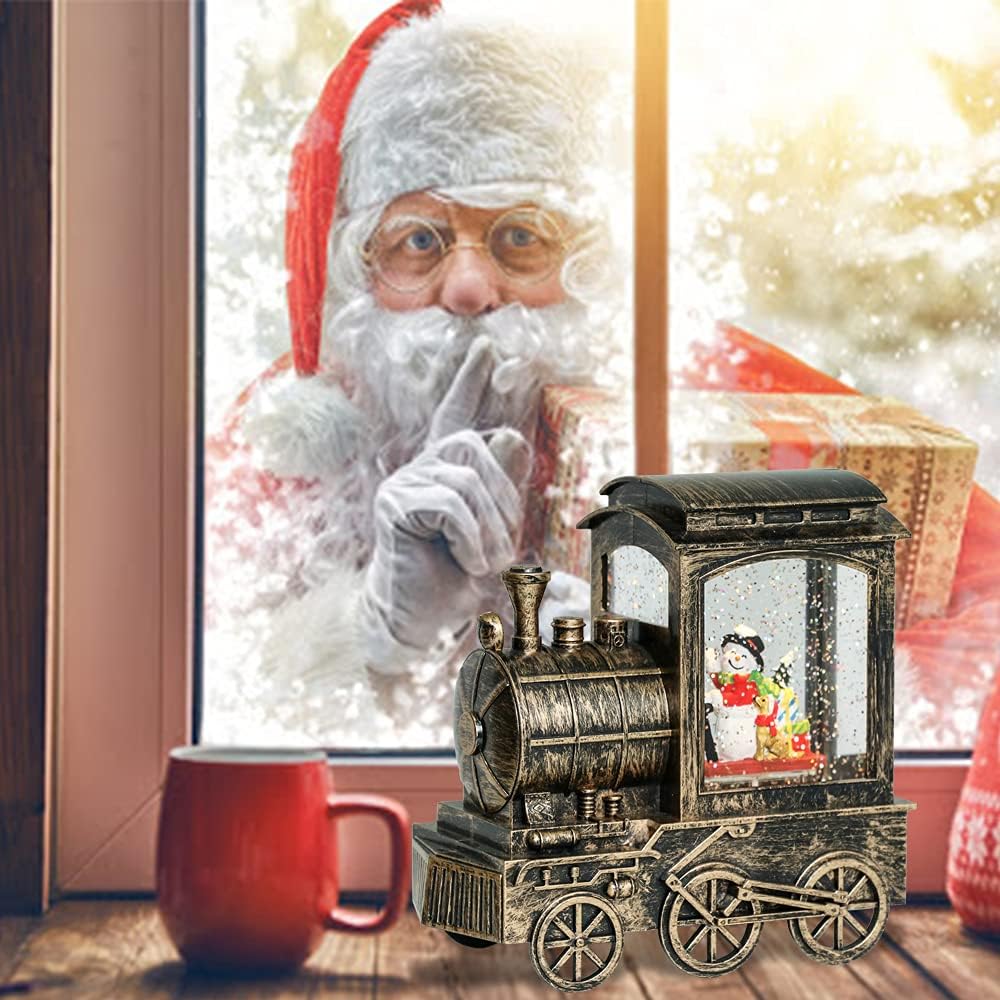 GenSwin Christmas Snow Globe Lantern Train Water Swirling Glitter with 6H Timer, Musical LED Lighted Battery Operated Snowman Scene for Christmas Home Decoration and Gift(Copper)