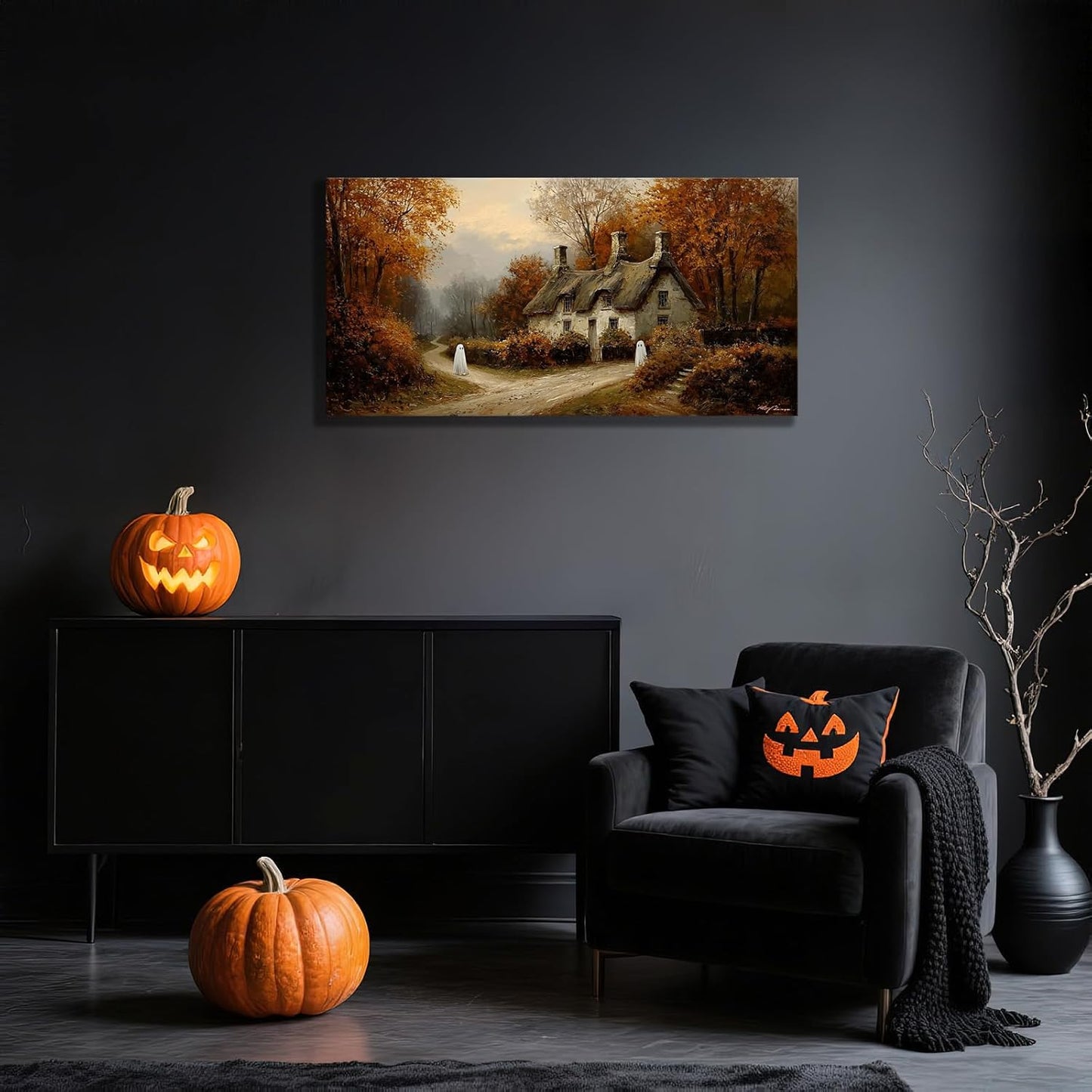 Laoife Halloween Canvas Wall Art, Vintage Spooky Farmhouse Autumn Rustic Landscape Wall Decoration, Ghost on Rural Roads for Living Room Bedroom Home Decor (Ghost 1)