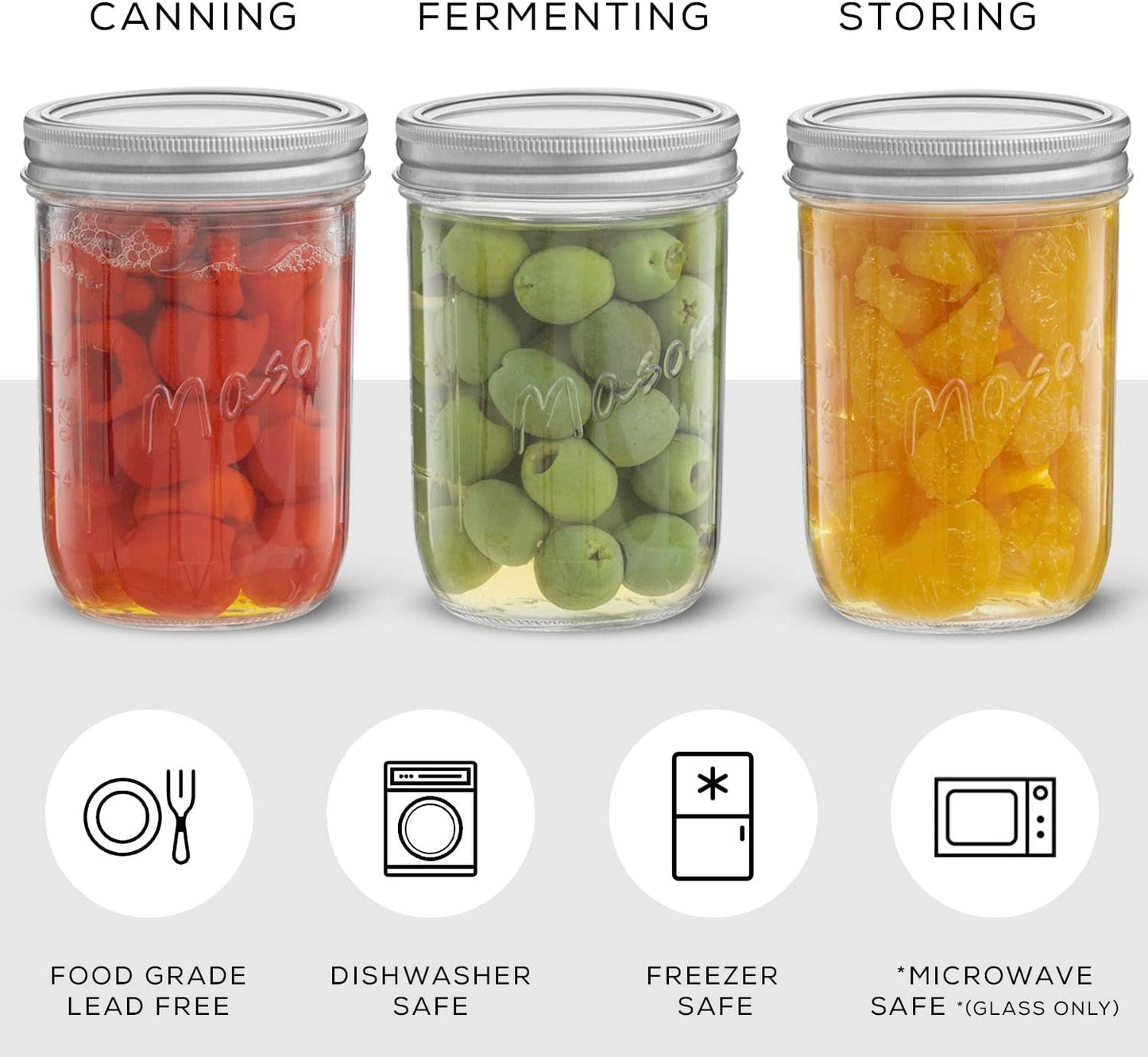 JoyJolt 16 Oz Mason Jars With Lids, Labels and Measures! 6-Pack Wide Mouth Mason Jars, Glass Jar with Lid and Band. Airtight Canning Jars, Overnight Oats Jars, Salad Jars, Sourdough Starter Jar