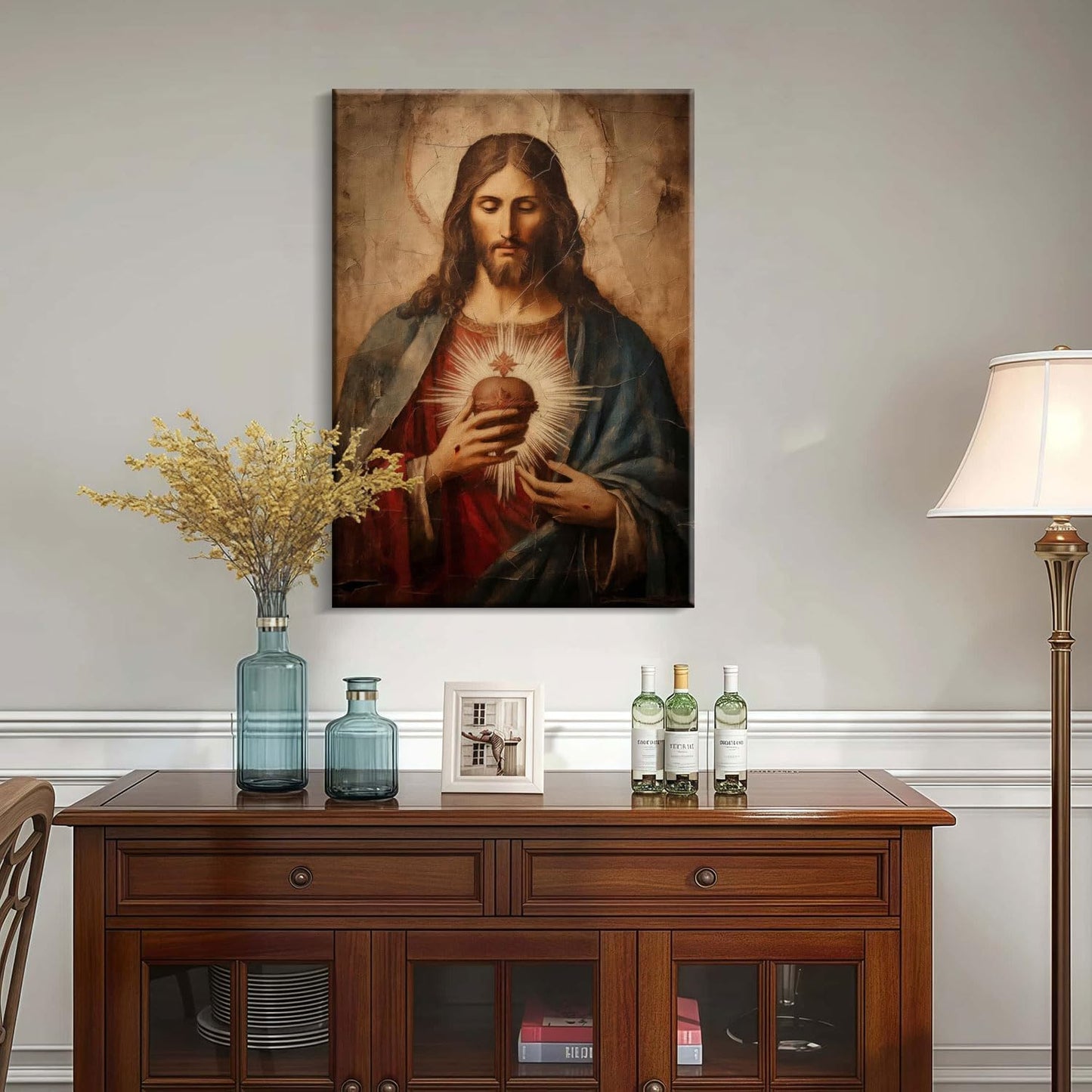 Framed Jesus Sacred Heart Canvas Painting Wall Art Christian Religious Poster Inspirational Bible Art Gallery Style Print for Bedroom Church Home Decor 16X24 Inch Ready to Hang
