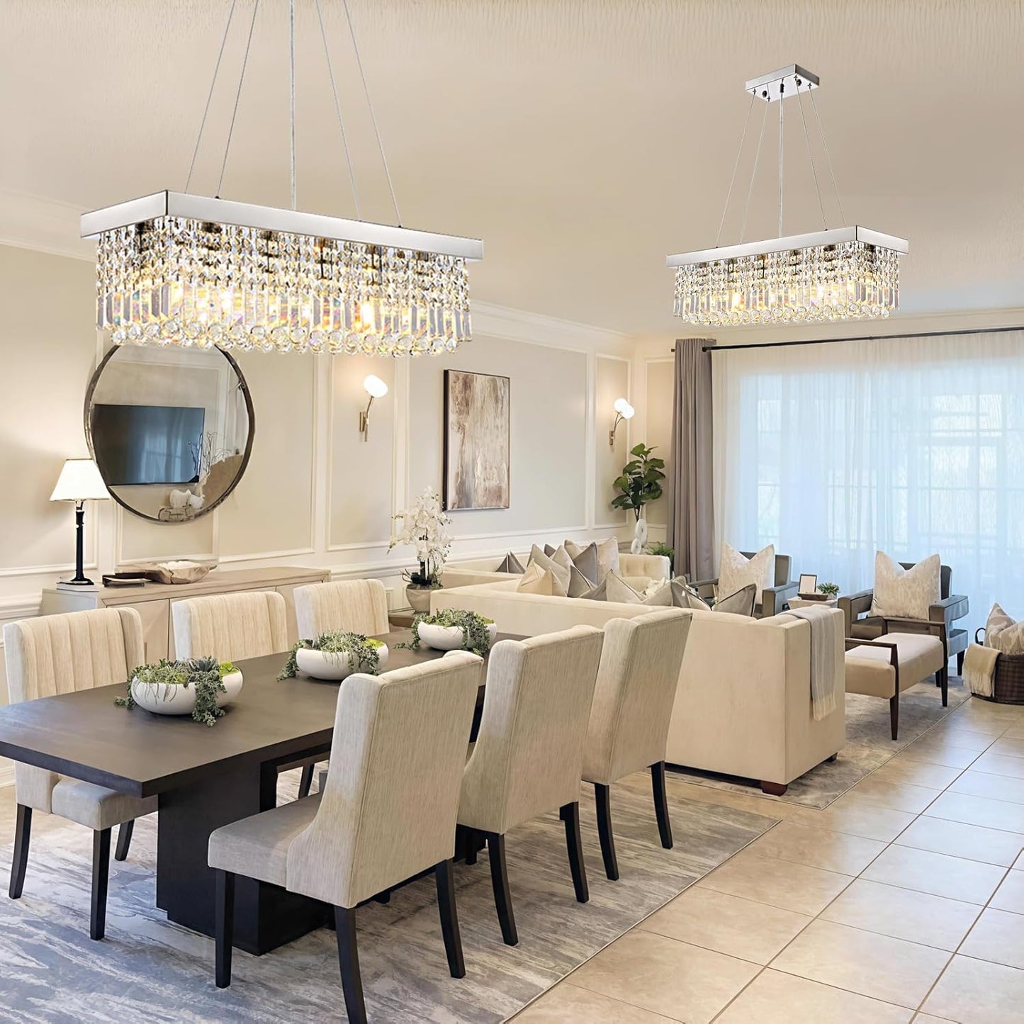 Modern Rectangular Crystal Chandeliers,8 Lights Rectangular Pendant Light Fixture,Adjustable Height K9 Crystal Chandelier for Dining Room L40''xW10''xH10''