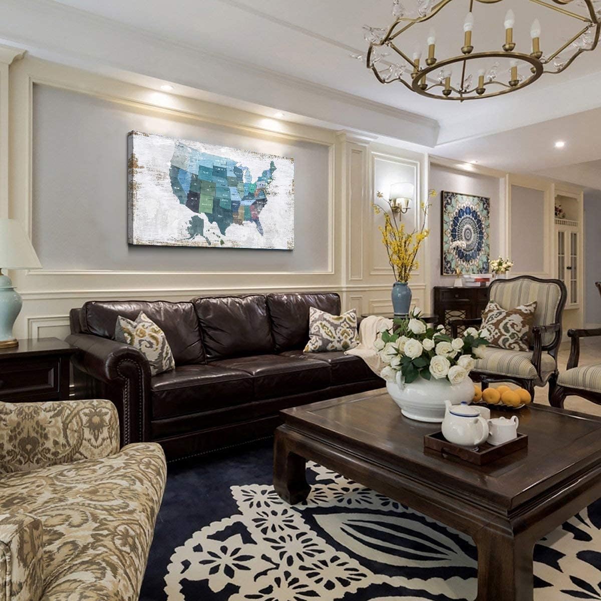 Map of The United States Wall Decor Map Canvas Wall Art for Wall Decoration Wood Background USA Canvas Prints for Bedroom Office Kitchen Home Wall Decor Framed Artwork Ready to Hang20 x40